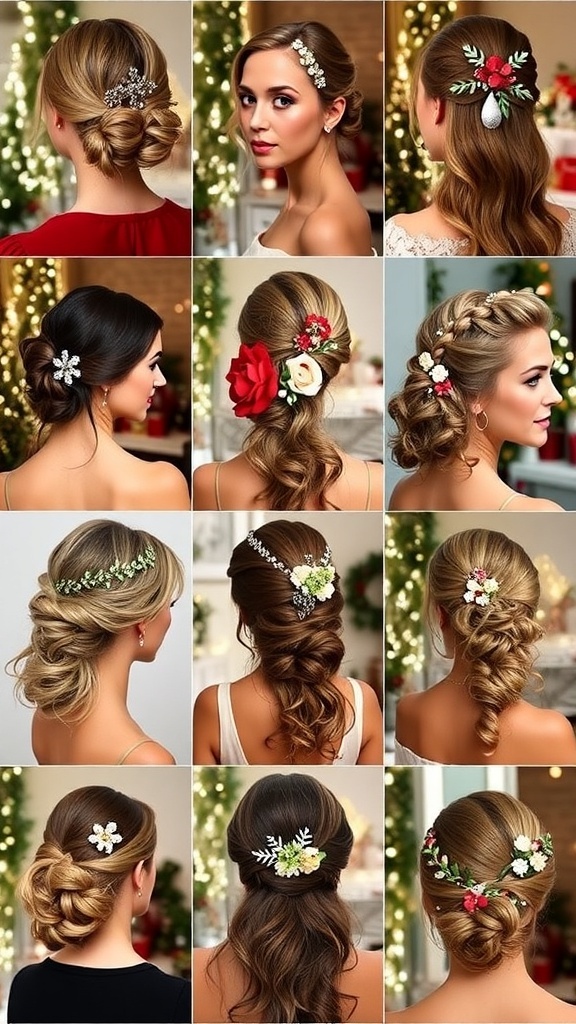 A variety of Christmas hairstyles including updos, curls, and braids, perfect for holiday parties.